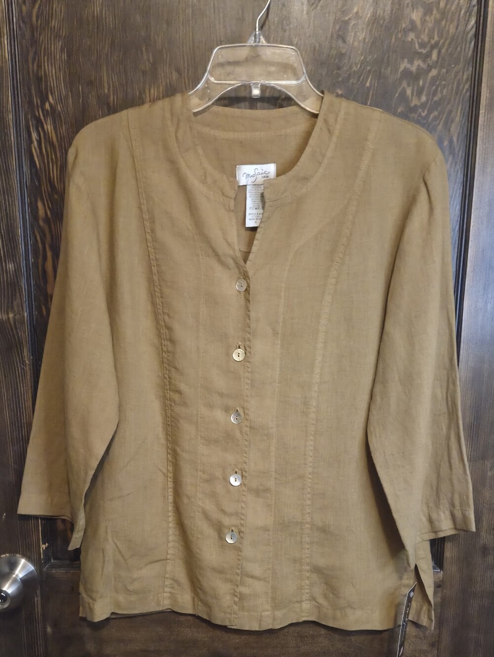 NWT Mosiacs USA Casual Button-Front Linen Blend Top in Tan 3/4 Sleeves